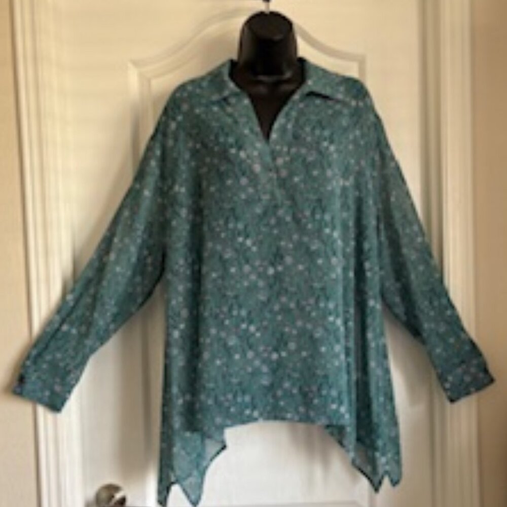 Cabi 3761 Chase Blouse Field of Flowers Teal Sheer Lightweight Top